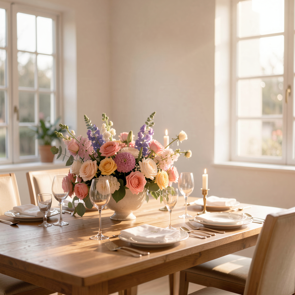 Bright and colorful floral arrangement in a minimalist dining room, sunlight streaming through the windows