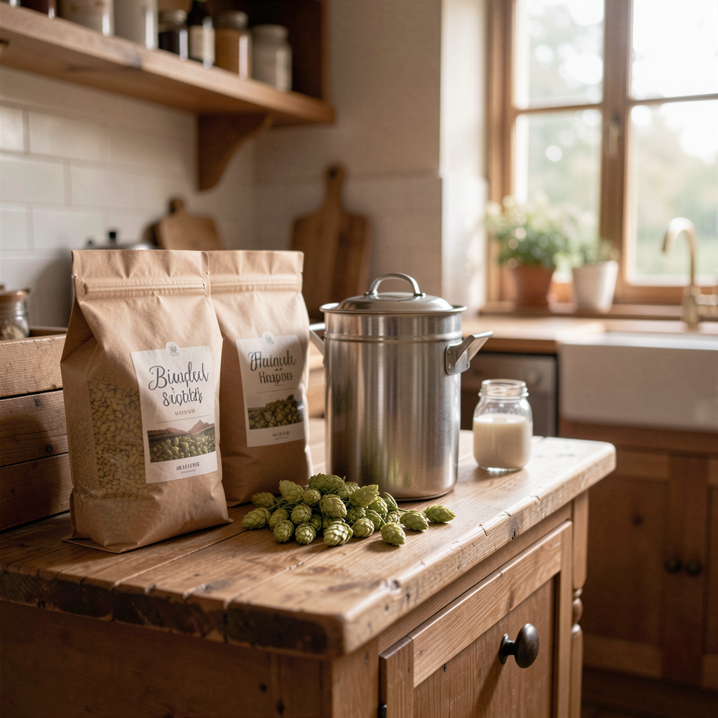 Home brewing kit setup on a rustic kitchen counter, with hops and malt bags artfully displayed