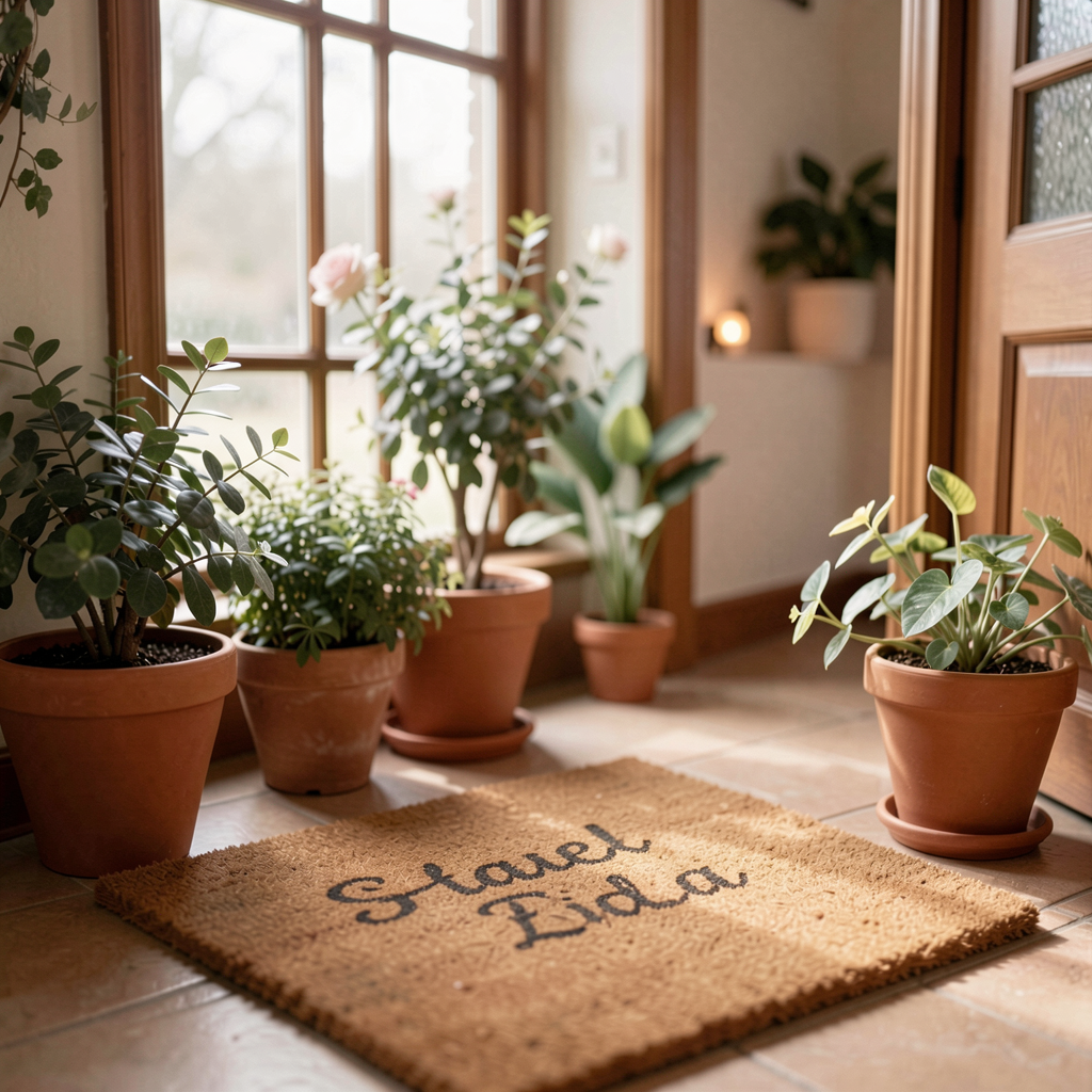 Cozy entryway with a personalized doormat and potted plants, natural lighting accentuating the space