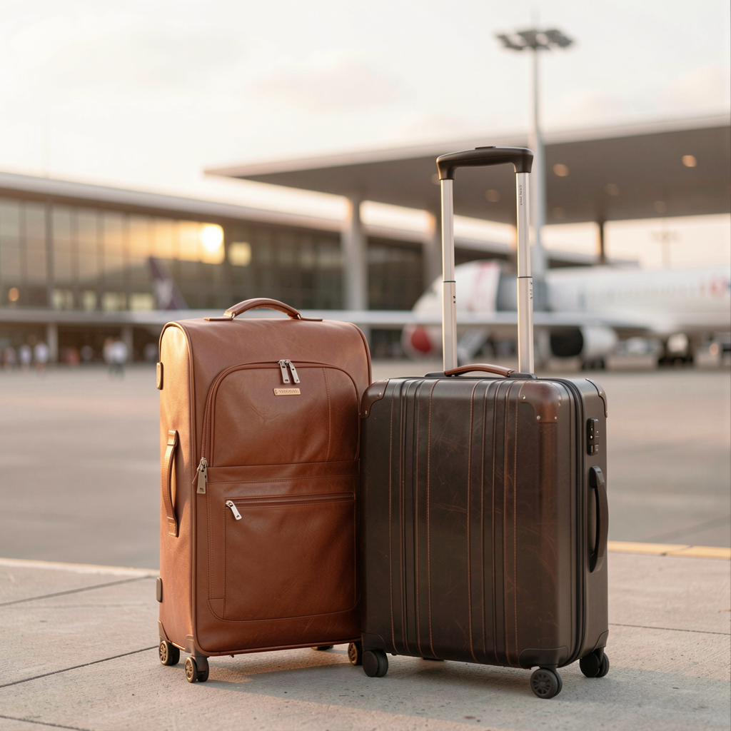 Stylish luggage set positioned against a scenic airport backdrop, conveying a sense of wanderlust