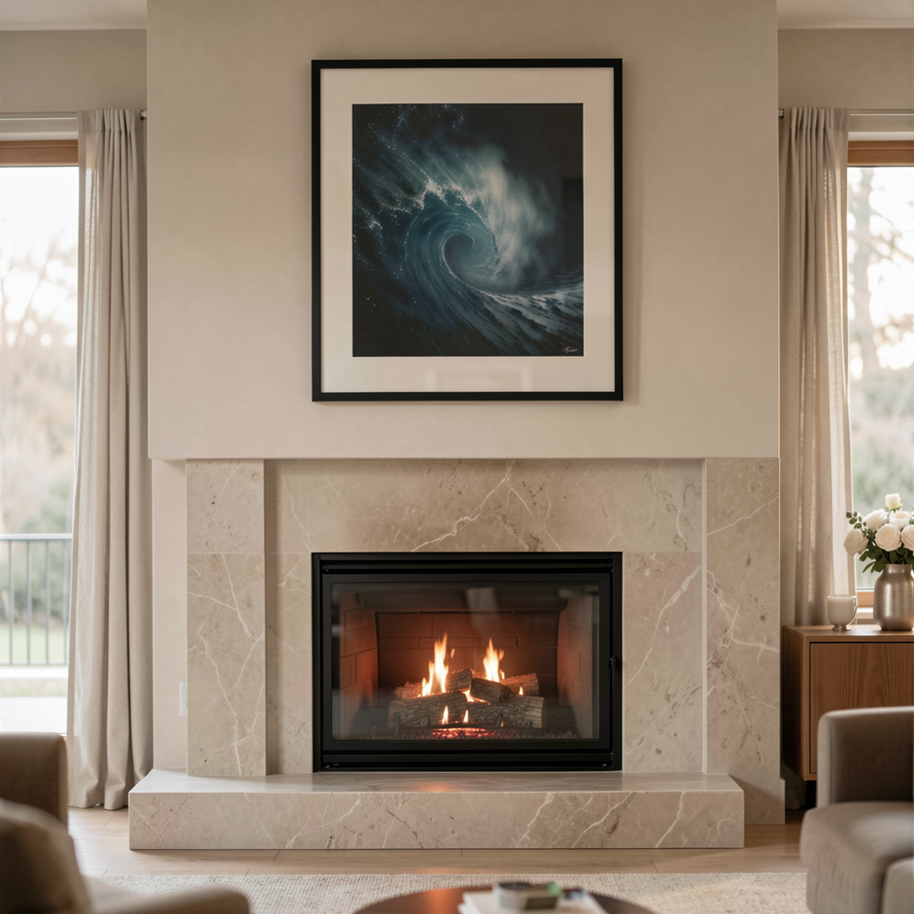 Soundwave art framed above a modern fireplace, harmonizing with the room's contemporary design