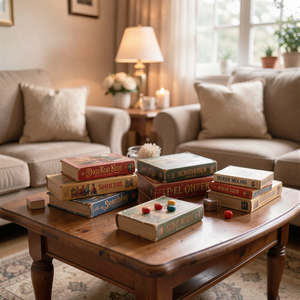 Vintage board games arranged on a coffee table in a cozy living room, inviting an evening of play
