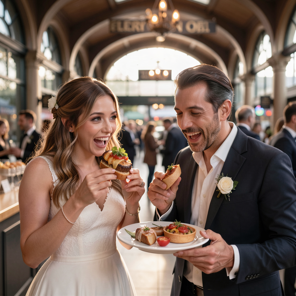 Couple enjoying a food tour in San Francisco's Ferry Building Marketplace, savoring gourmet bites