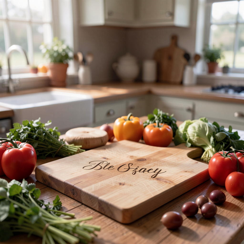 Personalized cutting board with engraved initials, elegantly set amidst fresh ingredients in a farmhouse kitchen