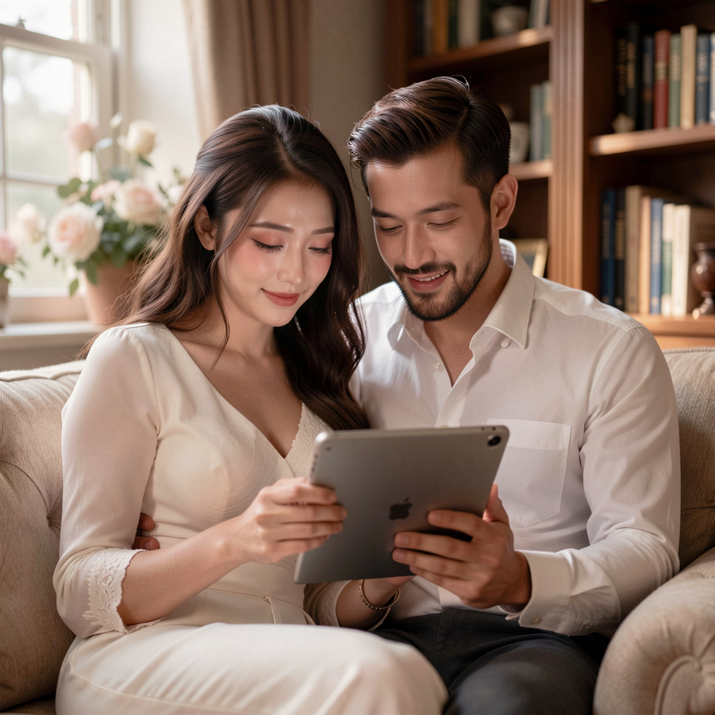 Couple enjoying a language learning app on a tablet, nestled in a cozy reading nook