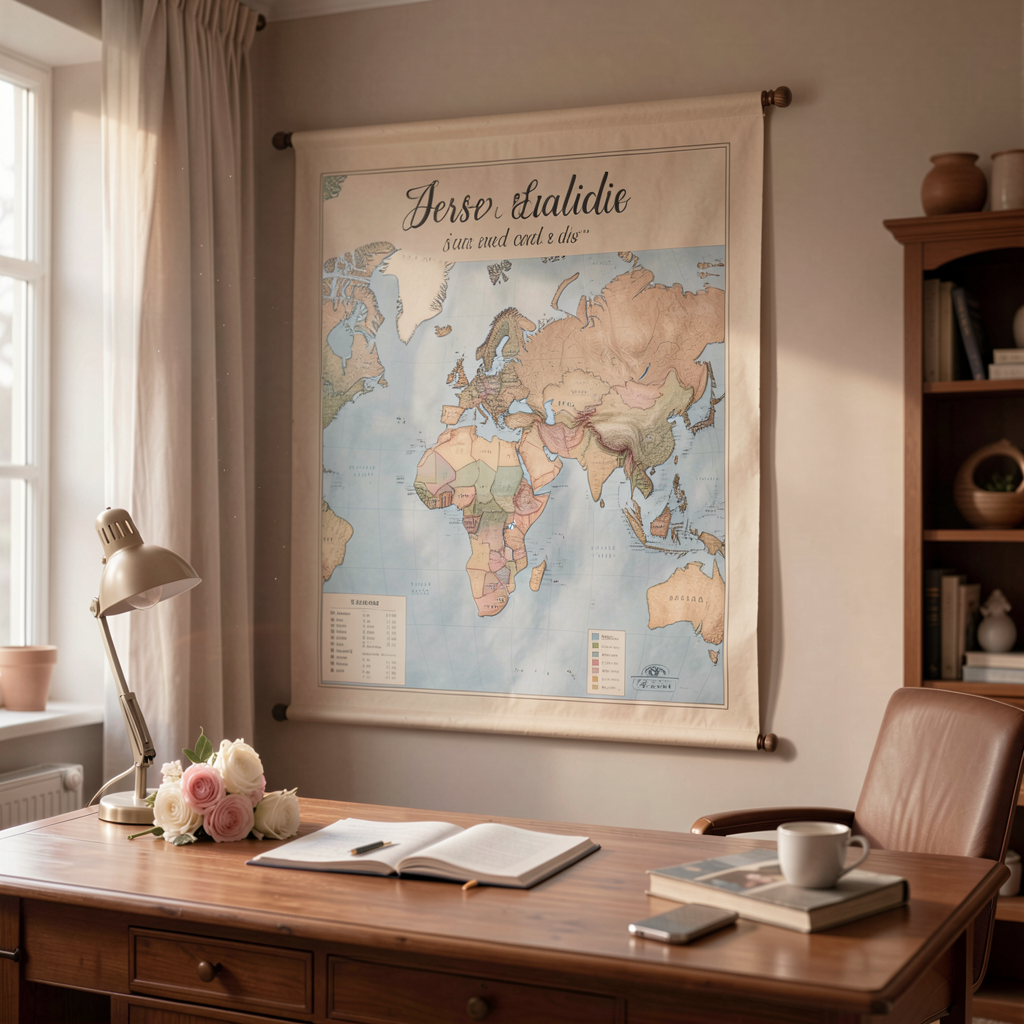 Personalized travel map hung in a stylish home office, inspiring future trips