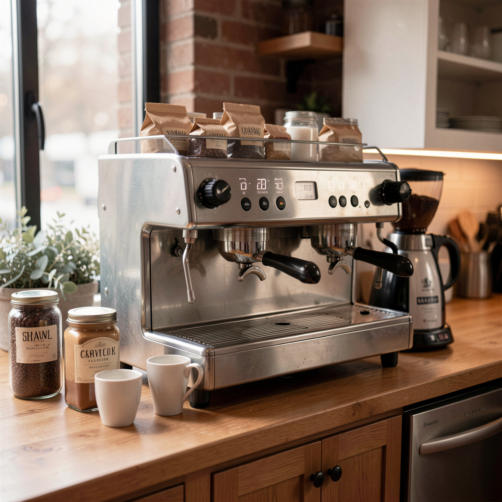 Home coffee bar setup with vintage espresso machine and artisanal coffee beans, set in a chic urban kitchen