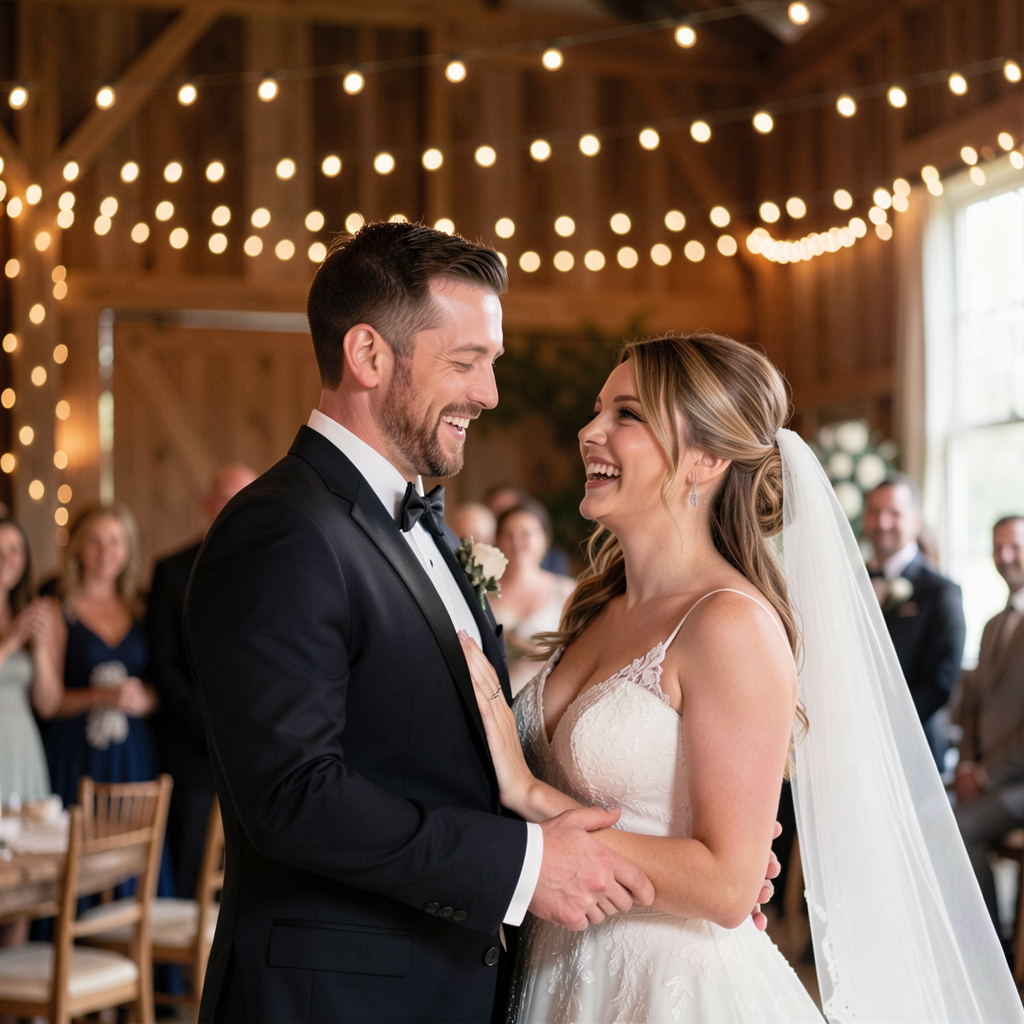 Bride and groom sharing a joyful moment at a rustic Texas barn wedding, surrounded by warm fairy lights