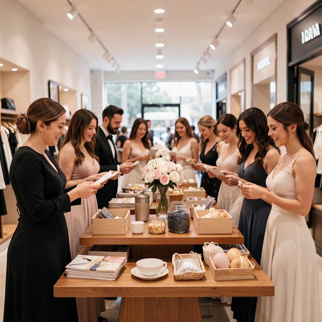 Cash Funds vs Traditional Registries: What Modern Couples Prefer in 2026 13 A diverse group of wedding guests happily shopping for registry items in a department store